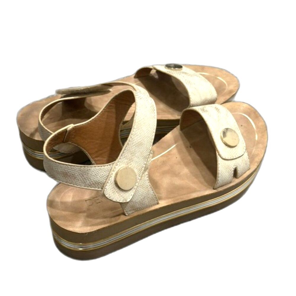 Derimod Leather Gold Metallic Platform Sandals Ankle Strap Wedge | EU 38 US 8